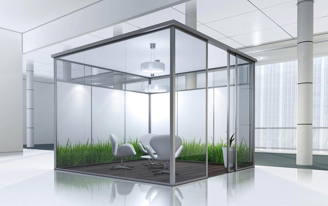 3d render cubicle white armchairs